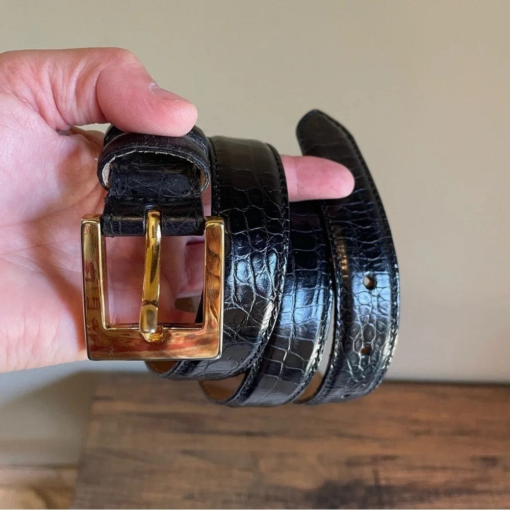 Talbots Genuine Italian Leather belt black gold-tone buckle Large Crocod…